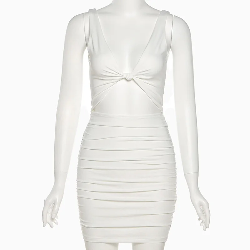 

Backless Ruched Mini Dress Women 2021 Elegant Sleeveless Women Dress Skinny Summer Bag Buttock Slim Dress Vestido