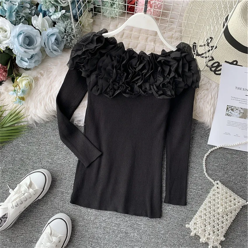 Designer Brand Ruffle 3d Floral Off Shoulder Sweater Women Long Sleeve Knitted Sweaters And Pullovers Slim Jumper Sueter Mujer | Женская