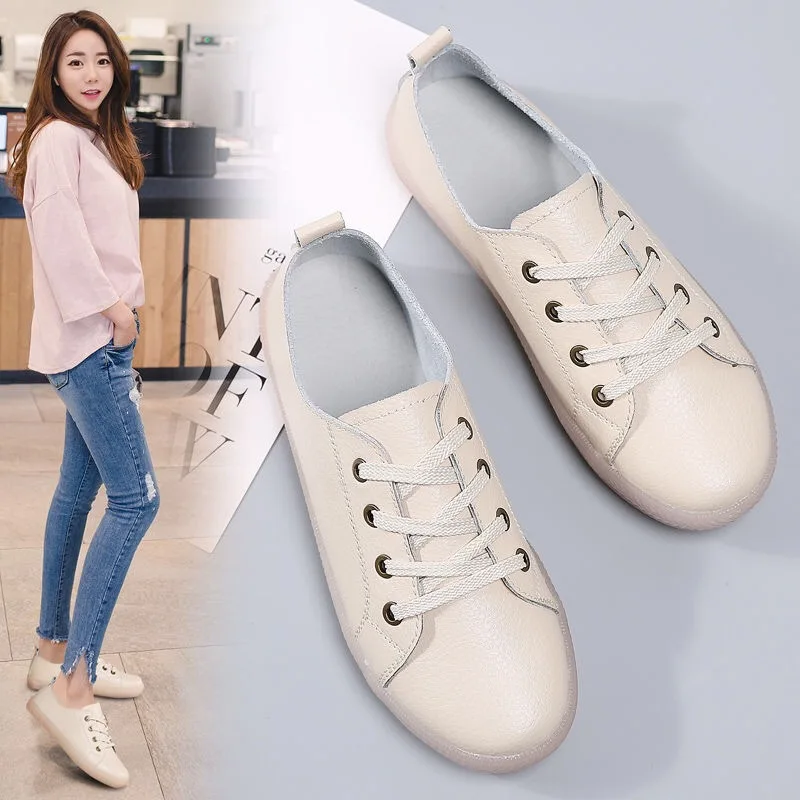 

2021 Women's Genuine Leather Shoes Lace up round Toe Women's White Shoes Large Size Flat Casual Shoes Women's Hair Generation