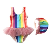 ircomll new fashion baby girls swimsuit with swim cap one piece colorful stripes yarn skirt bikini baby swimming pool children