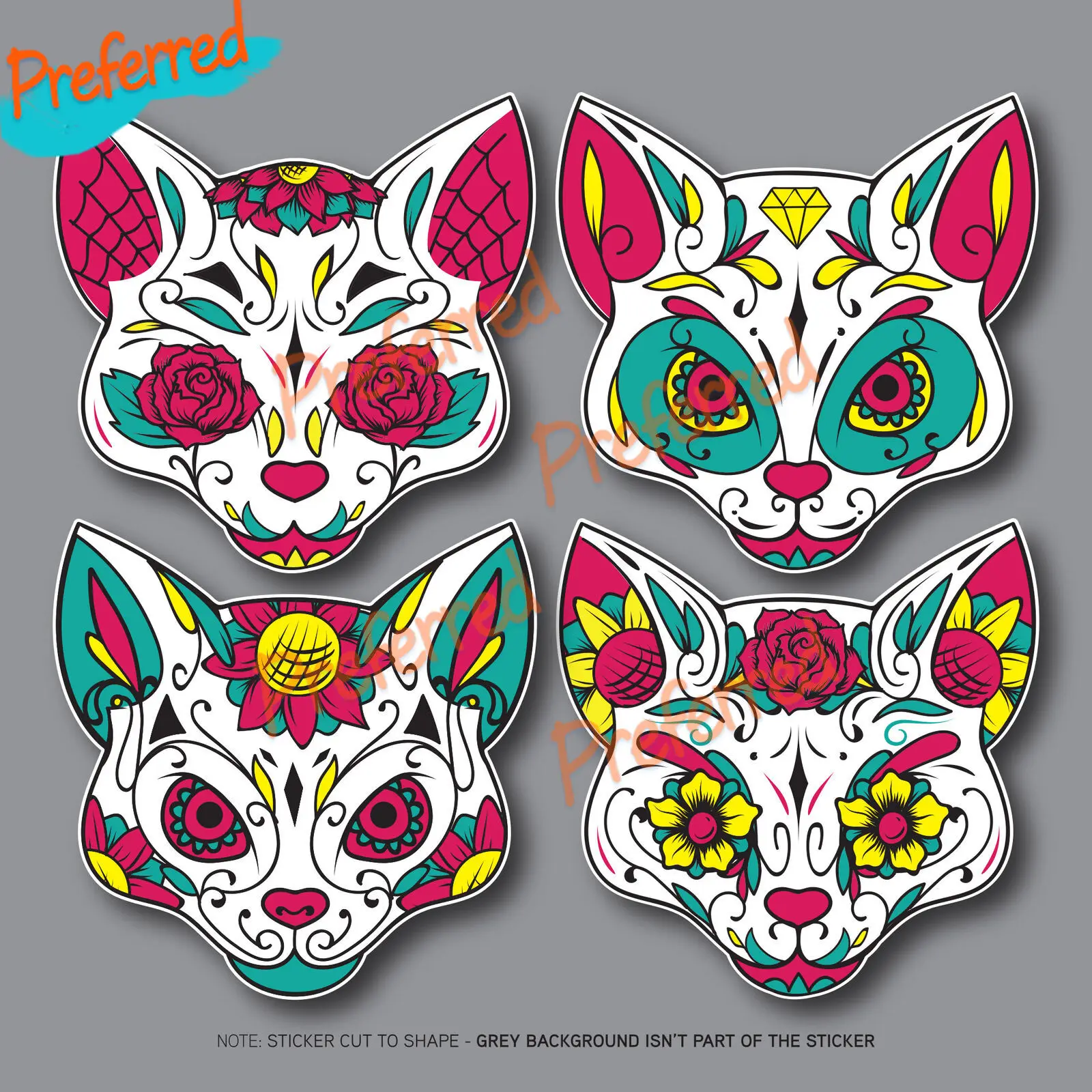 

4 X Day of The Dead Cat - Calavera - Sugar Skull Flower for Cup, Laptop, Glass Door，car Cooler Logo or Car Sticker Decal