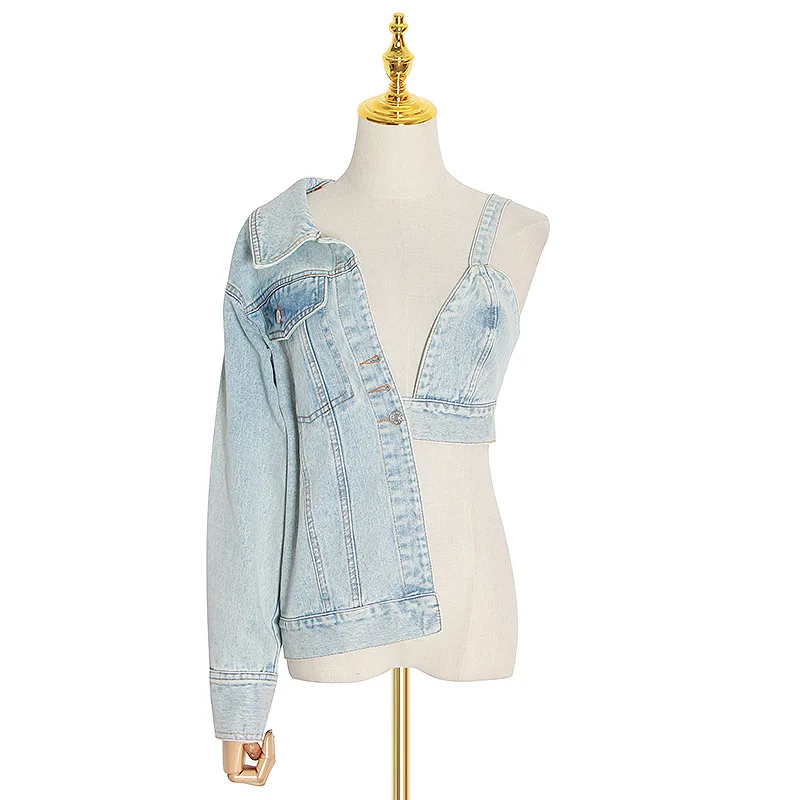 

Europe's new personality suspenders shoulder-off jeans women's loose casual niche design fashion coat