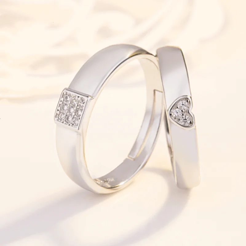 

Luxury Shiny Couple White Stone Ring Metal Rose Gold Love Rings for Men and Women Heart-Shape Engagement Gift
