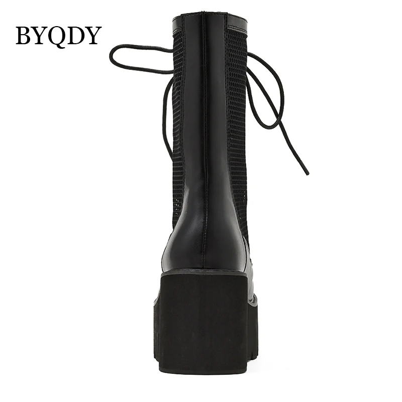 

BYQDY Spring Summer Chunky Heels Woman Boots Hollow Out Summer Combat Boot Round Toes Gothic Platform Breathable Mesh Shoes