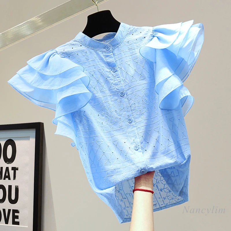 Creux Brodé Chemise En Coton et Lin Femme 2021 Style Coréen d'été Minceur À Volants Manches Volantes Décontracté Haut De Dame Blusas