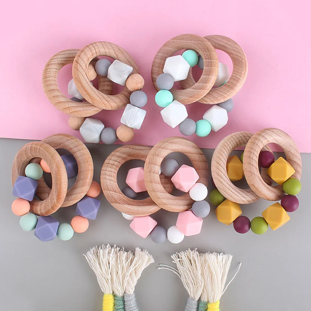 

Baby Teether Bracelet Silicone Beads Wooden Ring Bangle Teething Rings Wristband Infants Chew Toy Appease Molar Stick Toy