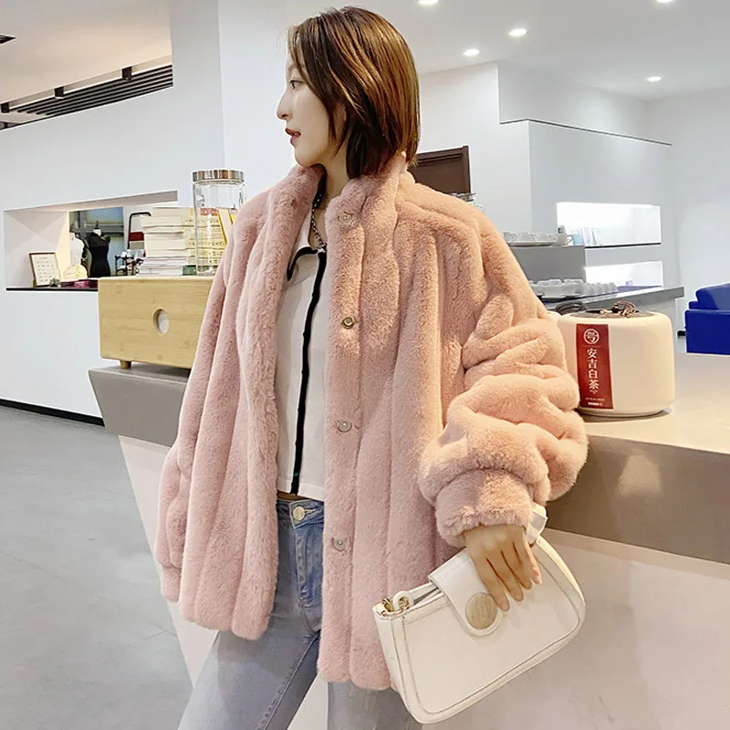 2021 Casual  Furry Faux Rabbit Fur Coat Women Stand Collar Winter Plush Fur Coats Warmer Long Sleeve High Quality Woman Jacket