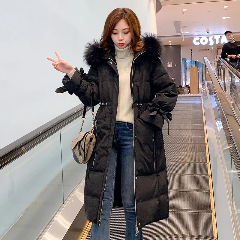 Женский длинный пуховик с капюшоном зимняя теплая парка на белом утином пуху