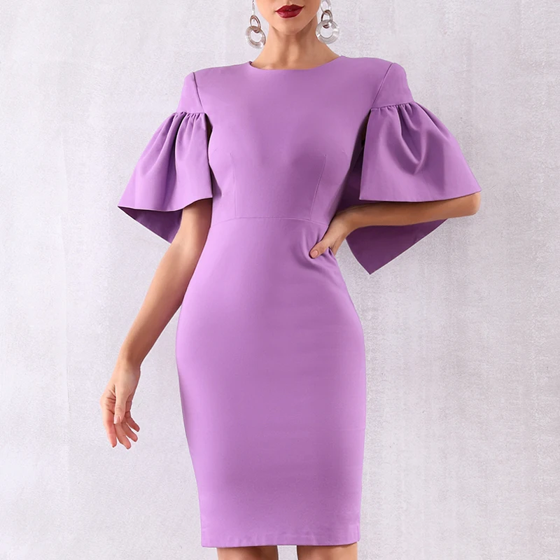 INDRESSME, новинка, модное Клубное платье с круглым вырезом и рюшами, Короткий плащ, рукав, женские вечерние платья, облегающее платье миди, фиолетовое платье для офисных леди