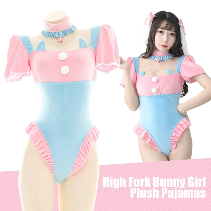 

Сексуальный женский каваи белье боди сине-розовые оборки боди с кроликом хвостом милый аниме Лолита Хэллоуин Косплей Костюм