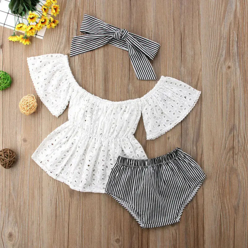 

kids Clothing Bebe Baby Girl Sets Clothes Summer Newborn Baby Girl Lace Off Shoulder Top Stripe Shorts Outfits Clothes 0-24M