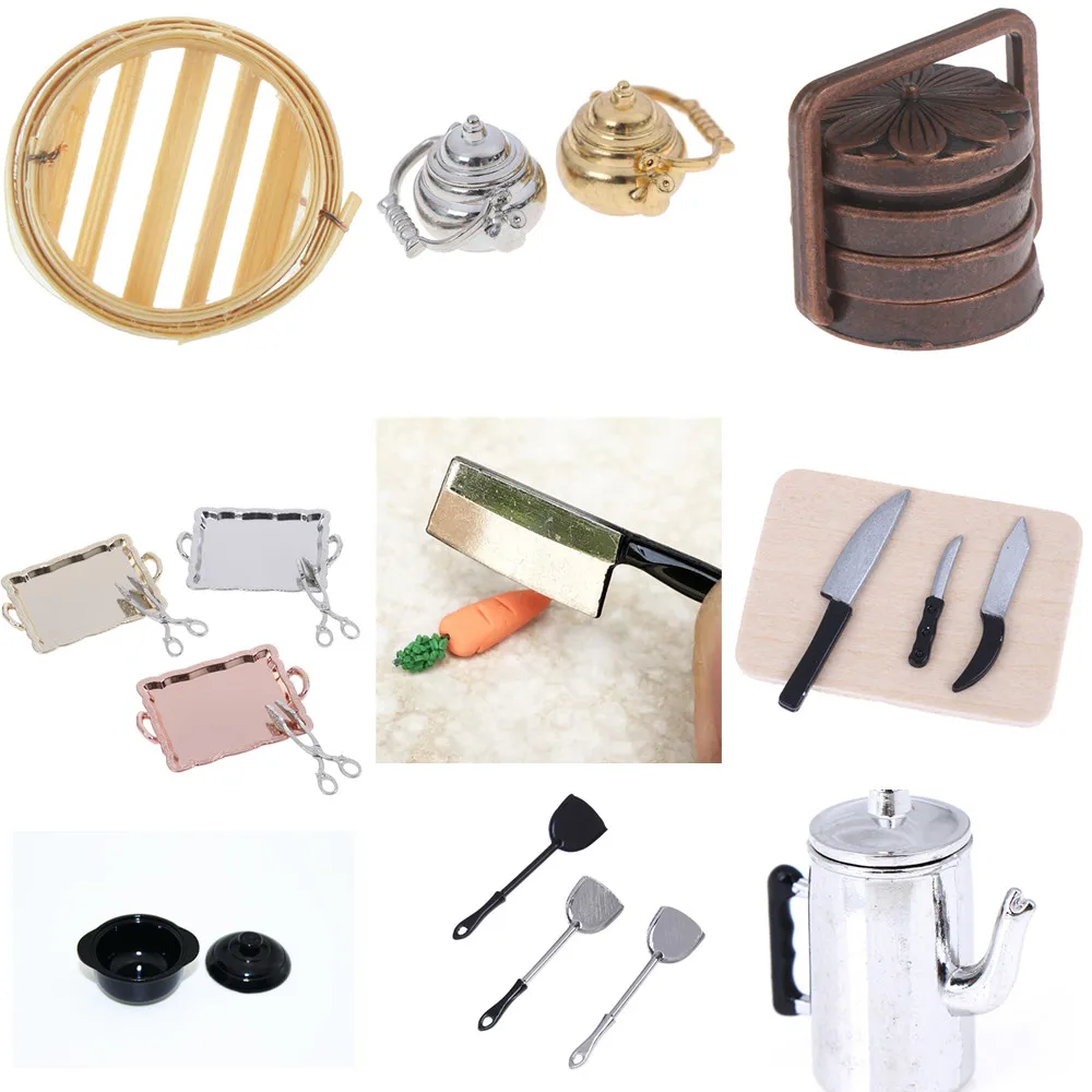 Винтажная металлическая миниатюрная корзина для еды и 1/12 масштаб лопатка кухни