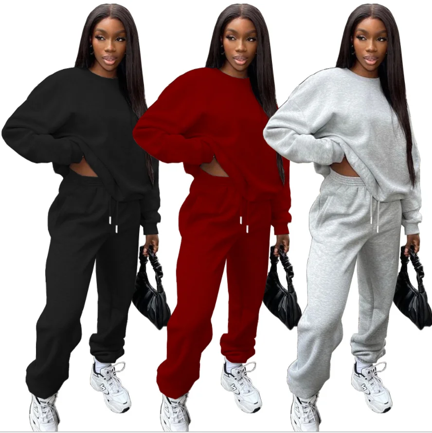 

RStylish Autumn Casual Women Loose Simple Solid Outfit Long Sleeve Round Neck T Shirt Sweatpants Two Piece Set