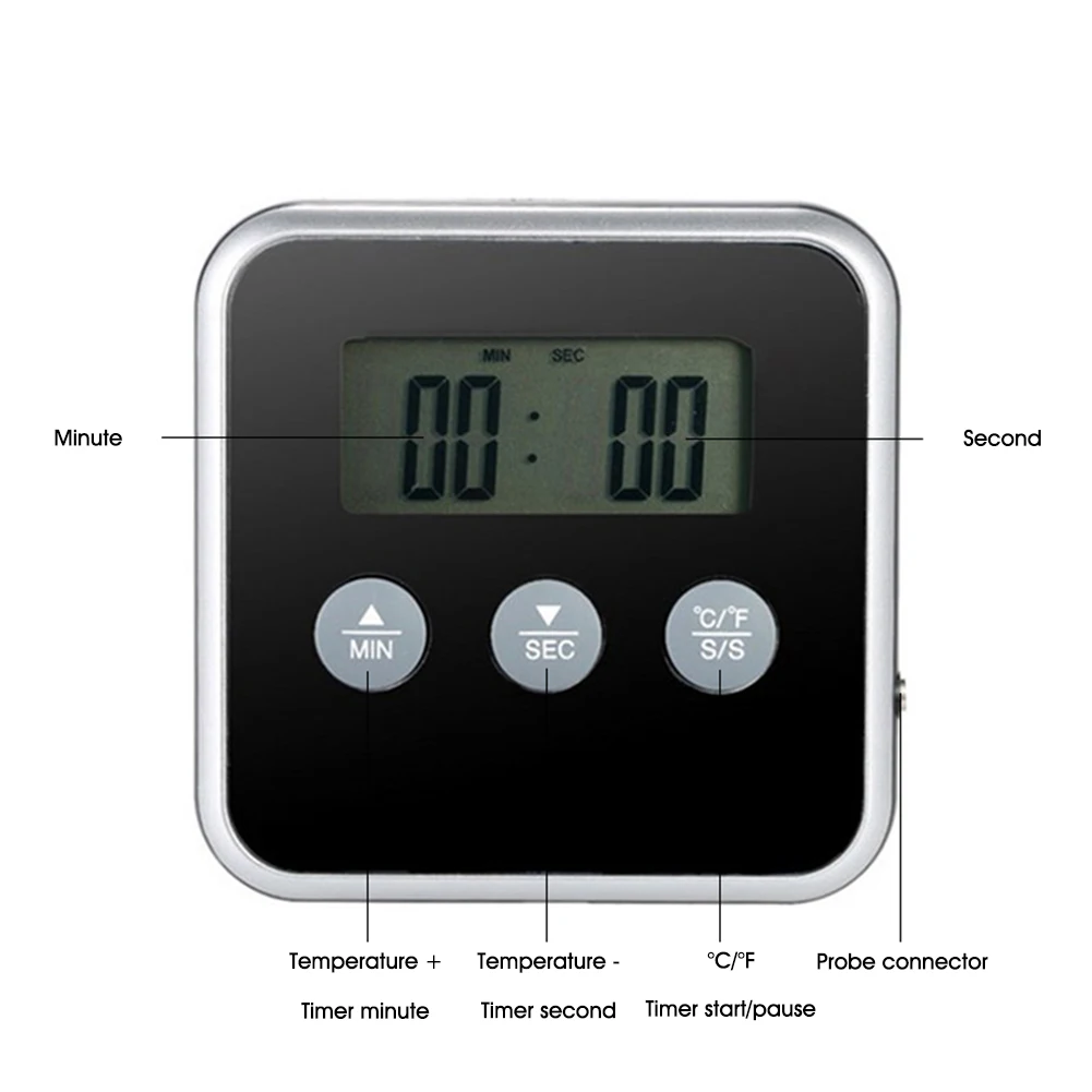 

Digital Meat Thermometer Stainless Steel Probe Food Cooking BBQ Thermometer Clock Timer with Magnet, Stand