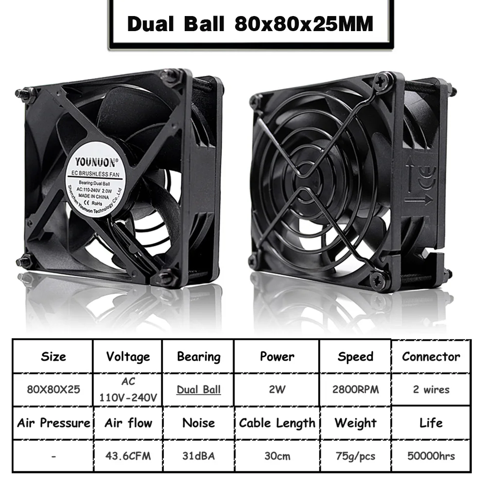 Ball 80x80x25MM YOUNUON 60 мм, 80 мм, 90 мм 120 мм EC бесщеточный вентилятор AC 110V 115V 120V 220V 240V осевой вентилятор с Srews/гриль 6025 8025 9225 12025 12038 - Цвет лезвия: Ball 80x80x25MM