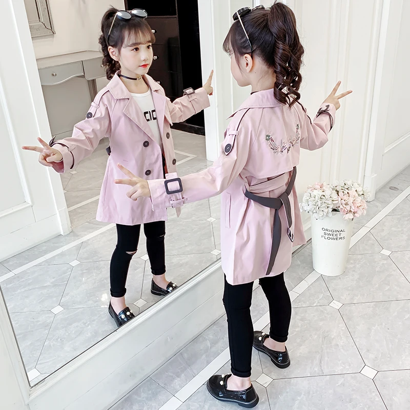 

Fashion Baby Girls Embroidery Trench Coats Autumn Winer Kids Windbreaker For Shool Girl 3-12 Yrs Warm Outerwear Children Clothes