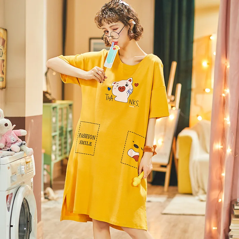 

2021 Summer Night Dress Women Plus Size Nightgown Cartoon Sleepshirts Short-sleeves Nightie Nightdress Cotton Sleepwear Homewear