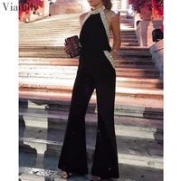 glitter patchwork halter sleeveless pocket jumpsuit wide leg pants jumpsuit sexy long rompers elegant womens party overall