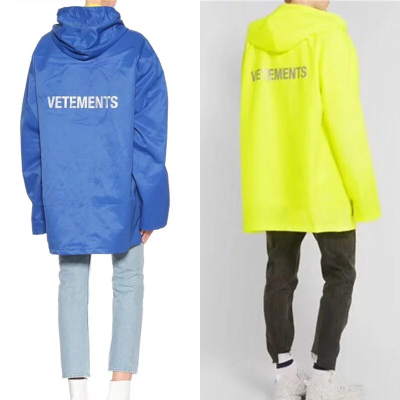 

Куртки от Vetements для мужчин и женщин Новый Свободный плащ, верхняя одежда, пальто, Водонепроницаемый Ветровка синего и желтого цвета DHL Vetements к...