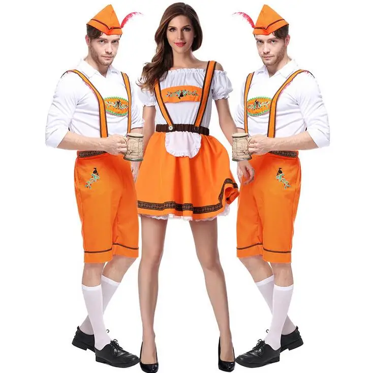 Женщины/Мужчины Bavaria Октоберфест оранжевый пивной костюм рубашка Lederhosen платье на