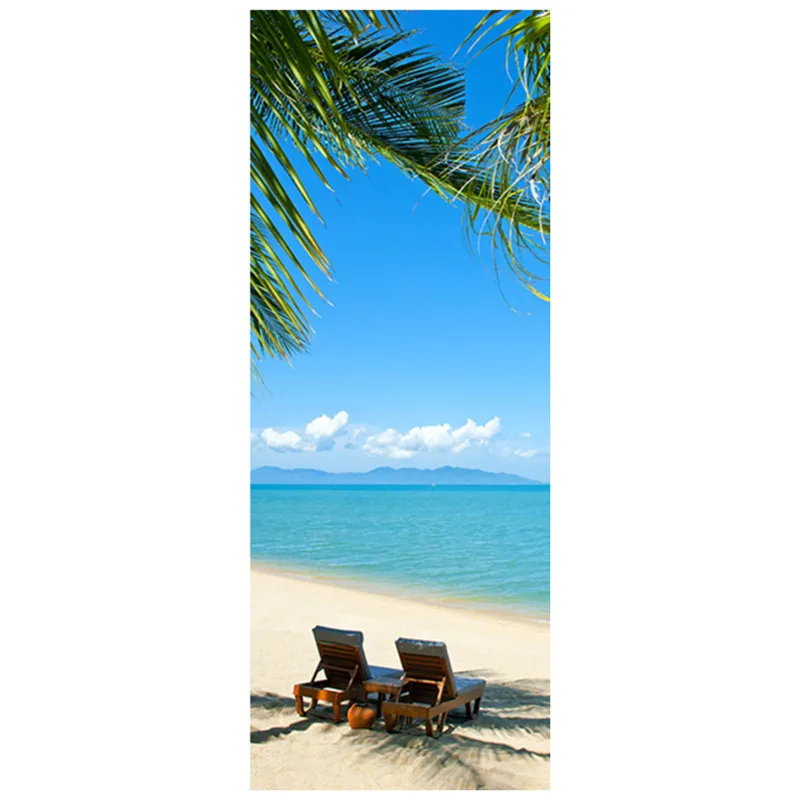 77*200cm sea view door stickers sunny seaside Beach Palm Tree 3d wall art vinyl mural home decoration Summer scenery wallpaper | Дом и сад