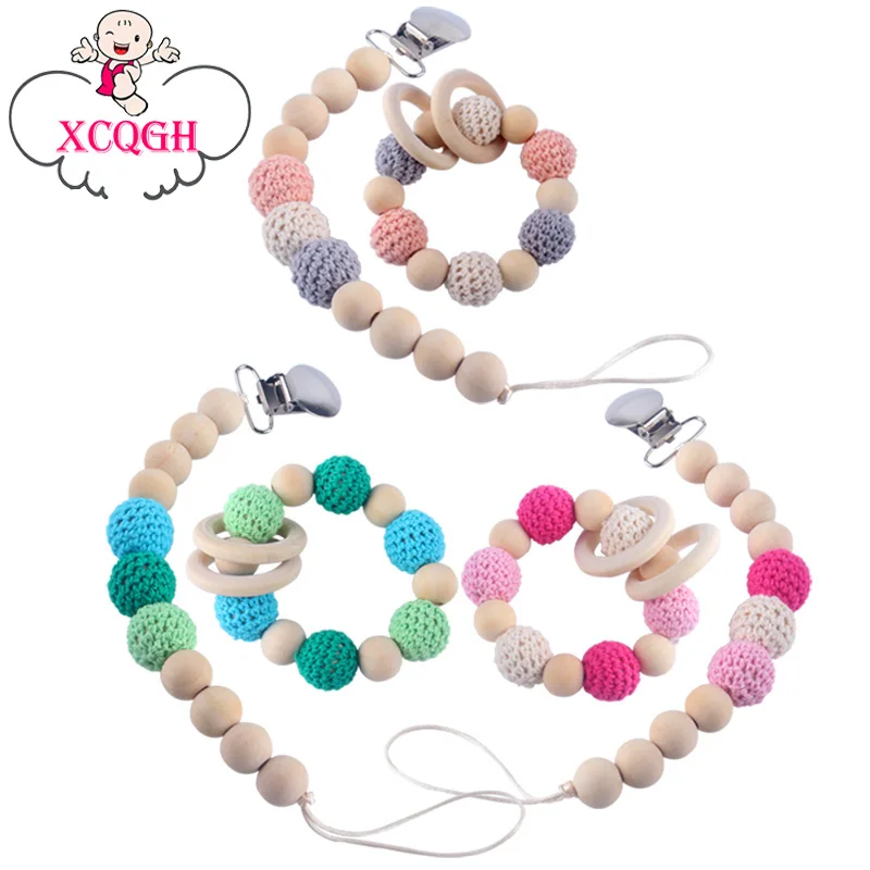 XCQGH Baby Beech кроше деревянный Соска с бусами цепи детский браслет молярные бусины анти-Падение детский браслет цепочка с зажимом для соски-пустышки