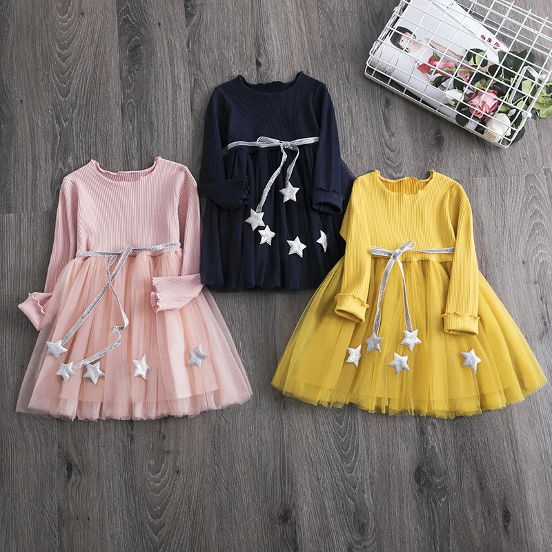 Детские платья для маленьких девочек вечерние с длинными рукавами и поясом