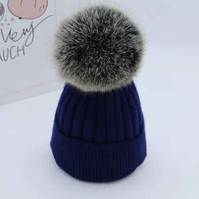 Зимняя вязаная шапка для девочек из натурального Лисьего меха с помпонами