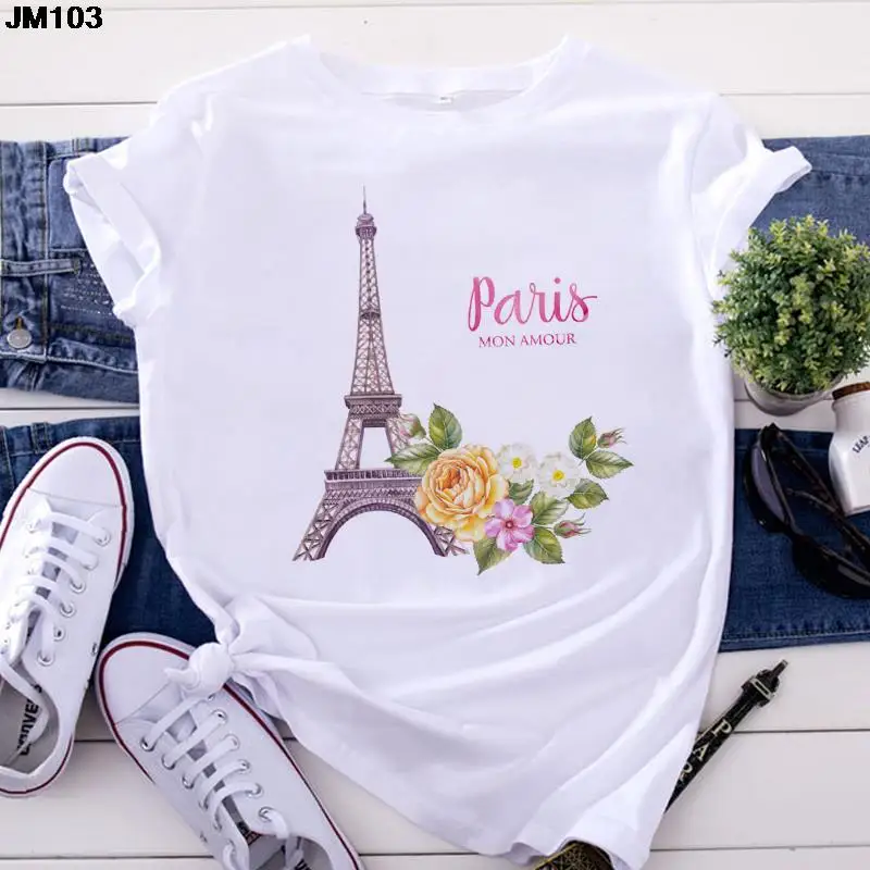 Фото Женская футболка с принтом Эйфелевой башни коротким рукавом | одежда
