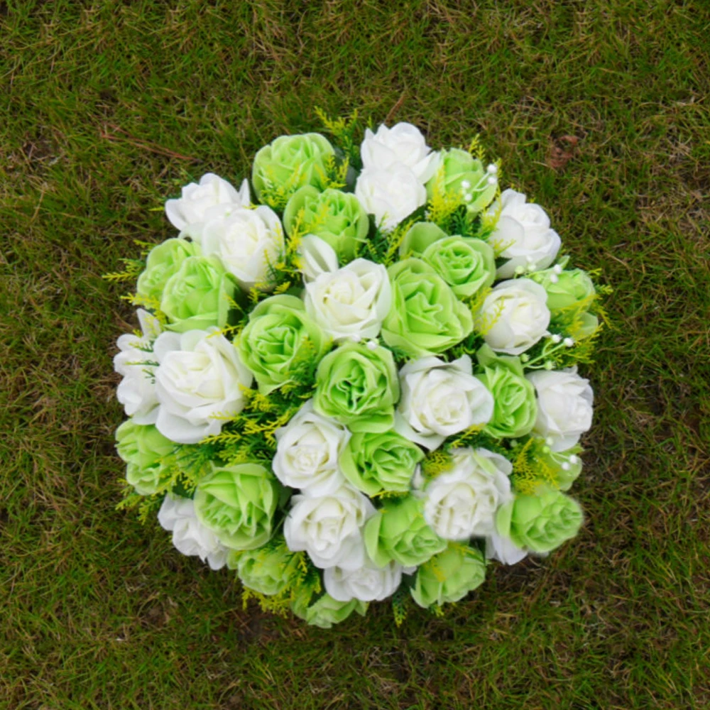 light green ivory 36 голов Розы Шелковый цветочный шар стол центральный свадебный цветок из шелка с пеной мяч римские столбы подсвечники цветы - Цвет: light green ivory