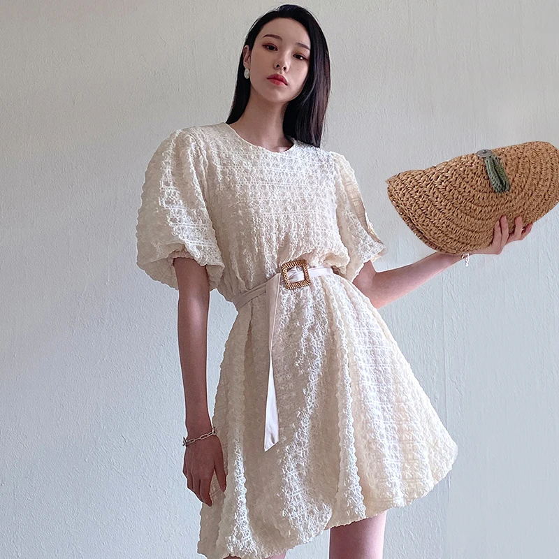 Корейское летнее платье во французском стиле с круглым вырезом и трехмерным