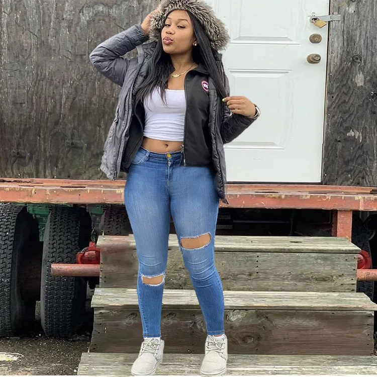 

2020 Newest Hot Womens Stretch Skinny Ripped Hole Washed Denim Jeans Female Slim Jeggings High Waist Pencil Pants Trousers