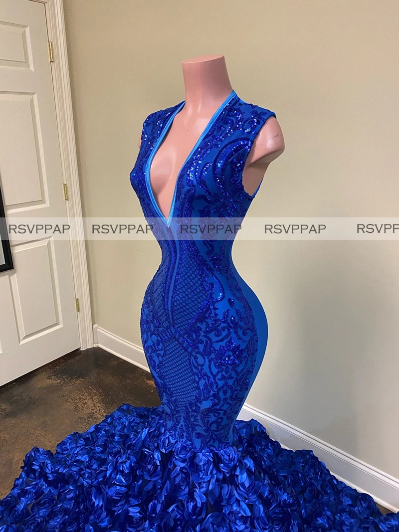 

Long Mermaid Prom Dresses 2020 Real Pictures Stunning Glitter Sequin Top V-neck Sleeveless 3D Flowers Royal Blue Prom Gowns