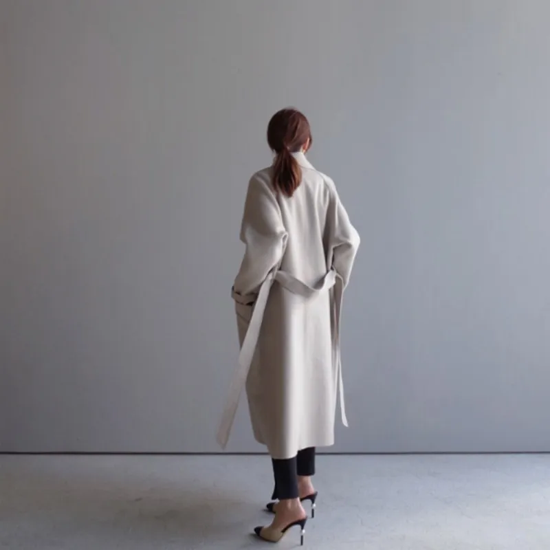 Elegant Streetwear Woolen Coat Women Autumn Winter Sashes Double Breasted Loose Overcoat Fashion Beige Warm Long Outwear S-XL | Женская