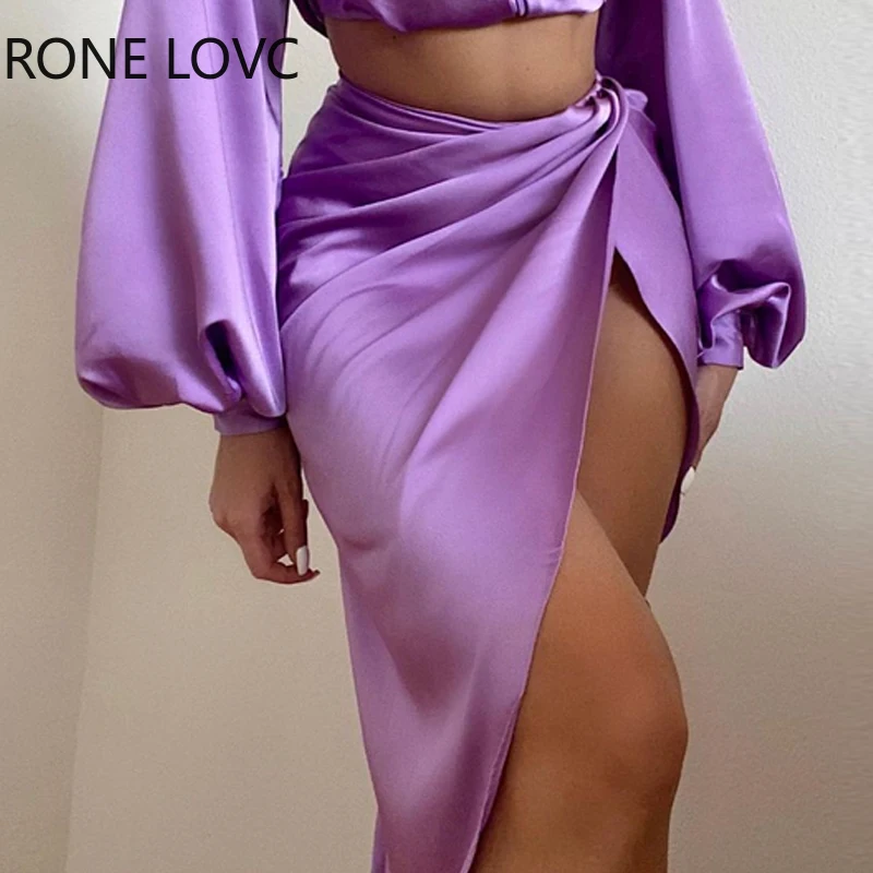 

Women Solid V-neck Puff sleeves Wrap High silt Sexy purple Party skirt Sets