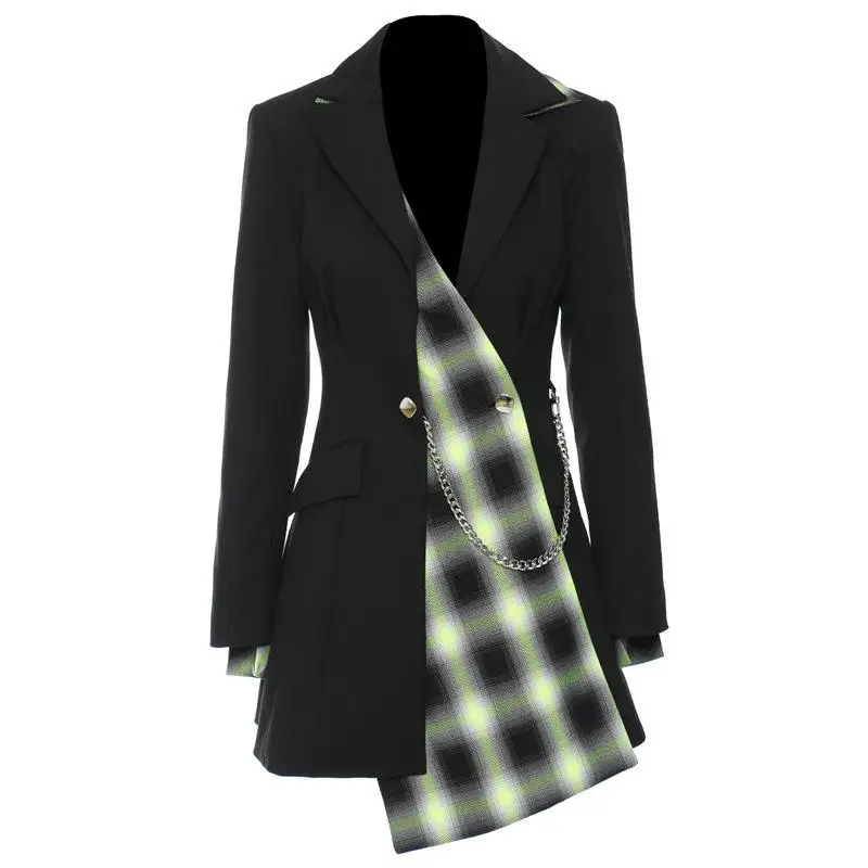 

High Fashion Green Plaid Stitching Asymmetrical Design Chain Decoration Midi Black Blazer Brand Fashion Street Clothes Women