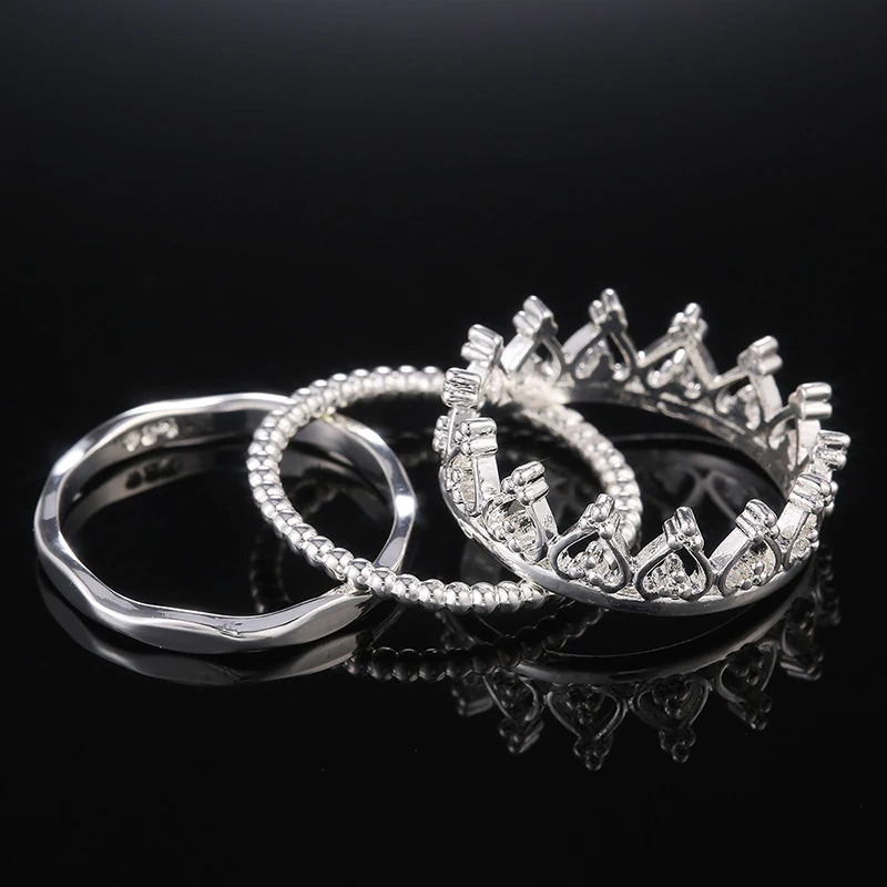 

Simple Fashion 3Pc Bridal Sets Queen Crown Rings For Women Delicate Engagement Jewelry Wedding Party Silver Color Finger Ring