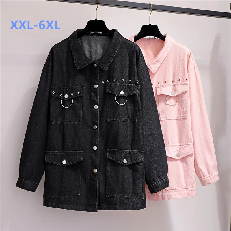 

Plus size XXL-6XL denim jacket women spring autumn tooling jeans outerwear loose black pink oversize denim coats 130kg wear G687
