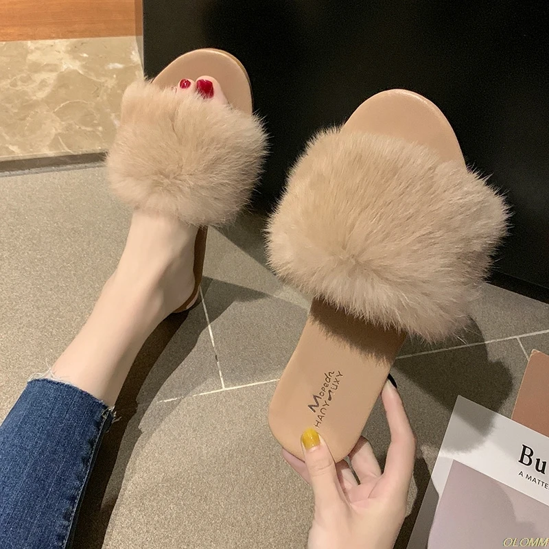 

2020 New Casual Slipper Flip Flop Sandal Womens Slippers Zapatos Mujer Ladies Slip On Sliders Fluffy Faux Fur Flat Size 35-39