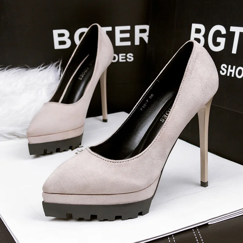 

2020 New Women's High Heels Shallow Office Shoes New Arrival Solid Flock Platform Pointed Toe Women Pumps Super High Sexy Shoes