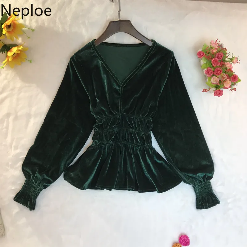 Женская Вельветовая блузка с v образным вырезом и рукавами фонариками оборками