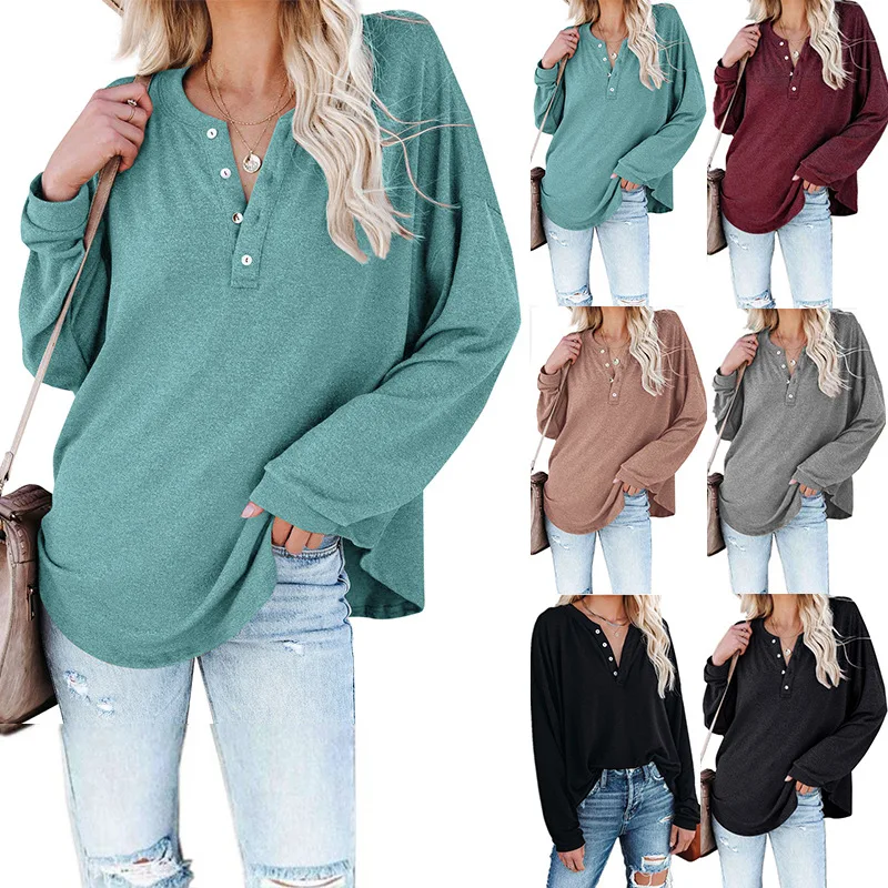 

2021 women's autumn new women's solid color half-open buckle V-neck loose casual dovetail T-shirt
