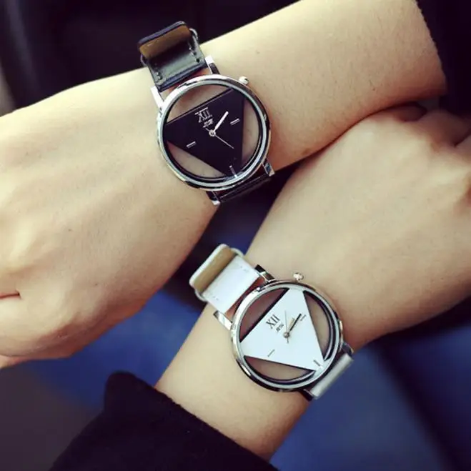 

Zegarek Unique Design Women Watch Hollowed-out Triangular Dial Fashion Leather Strap Watch Female Quartz Wrist Clock Reloj Mujer