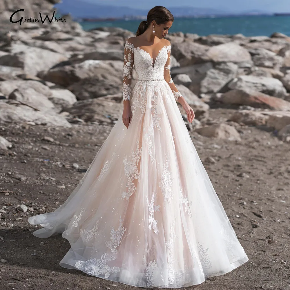 

GW Sexy Illusion Long Sleeve Lace A Line Wedding Dresses 2021 Luxury Appliques Sashes Sweep Train Vintage Bridal Gowns