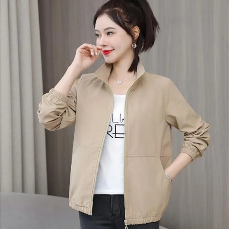 

Women's Short Jacket 2021 Spring Autumn New Pure Color Casual Windbreaker Stand Collar Tooling Jacket Coat Tops With Lining 15