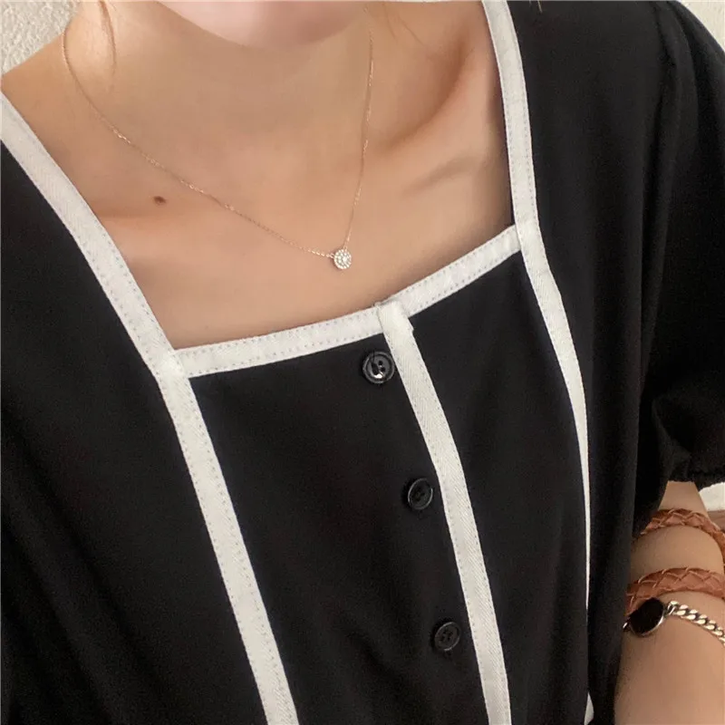 

HziriP 2020 New Long Dress For Women Female Elegant Elastic Waist Solid Puff Sleeve Square Collar Retro A-Line Thin Office Lady