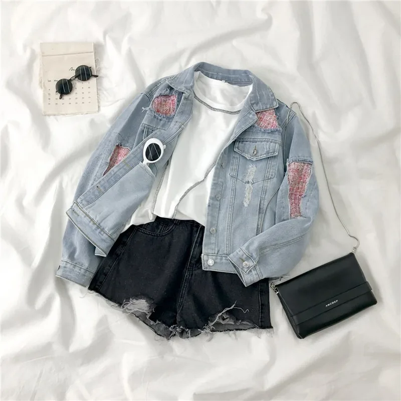 

Denim Jackets Womne Plaid Patchwork Autumn 2020 Streetwear Ropa Mujer BF Loose Mujer Chaqueta Vinatge Tops