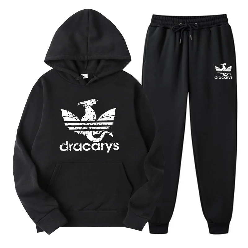 

Зимние Повседневные Мужские комплекты, модная Толстовка с принтом, спортивная одежда и черные повседневные брюки, костюм из двух предметов