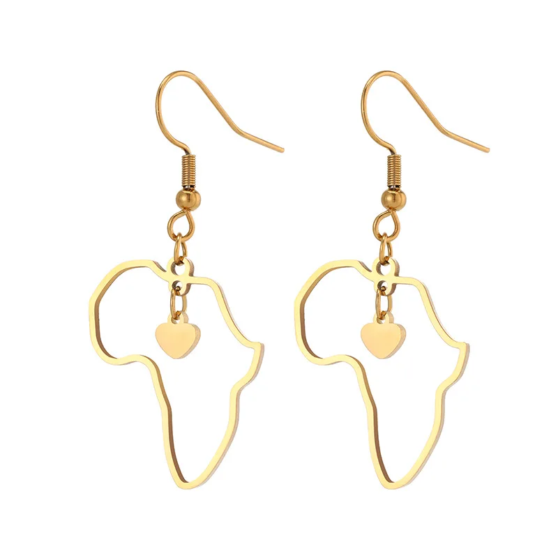 

New Cute Hollow Heart-shaped Earrings Africa Map Earrings for Women Pendientes Gold Stainless Steel Earring Fashion Jewelry Gift