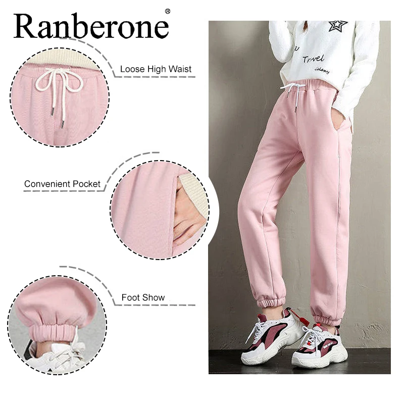 Ranberone Outdoor Plus Velvet Sweatpants Women's Casual Pants Winter Warm Harem Trousers Solid Color Fitness Leggings 2020